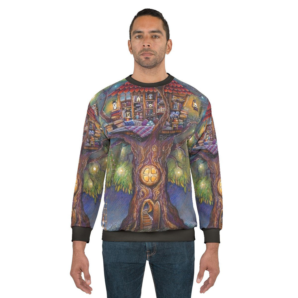 Cozy treehouse sweatshirt with nature and book motifs