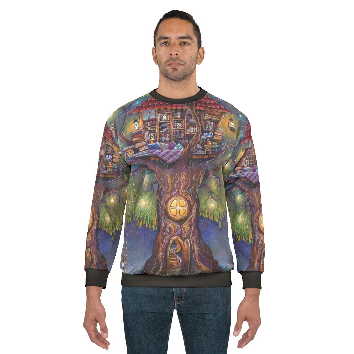 Cozy treehouse sweatshirt with nature and book motifs