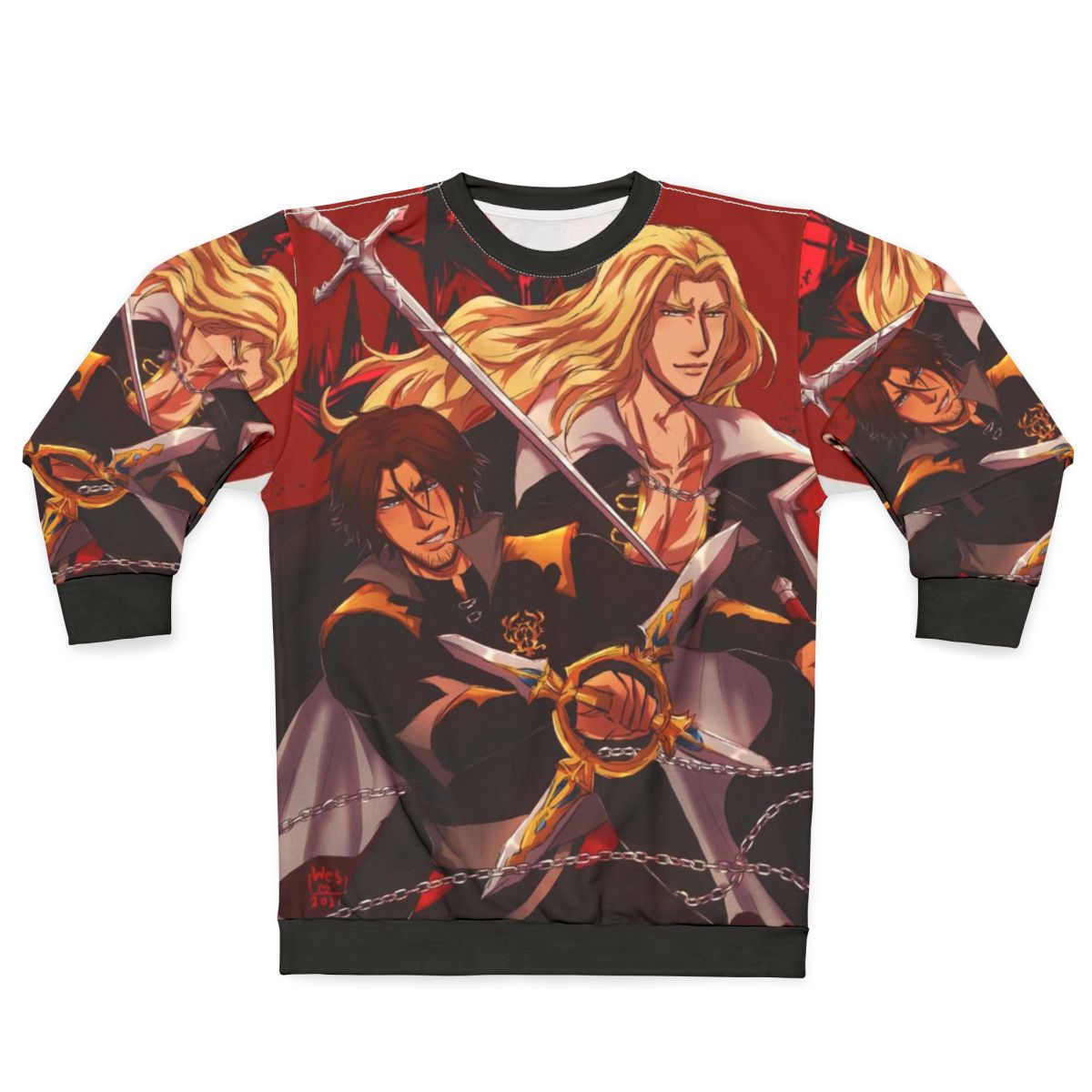 Trevor Belmont and Alucard from Castlevania in a dynamic duo design on a sweatshirt