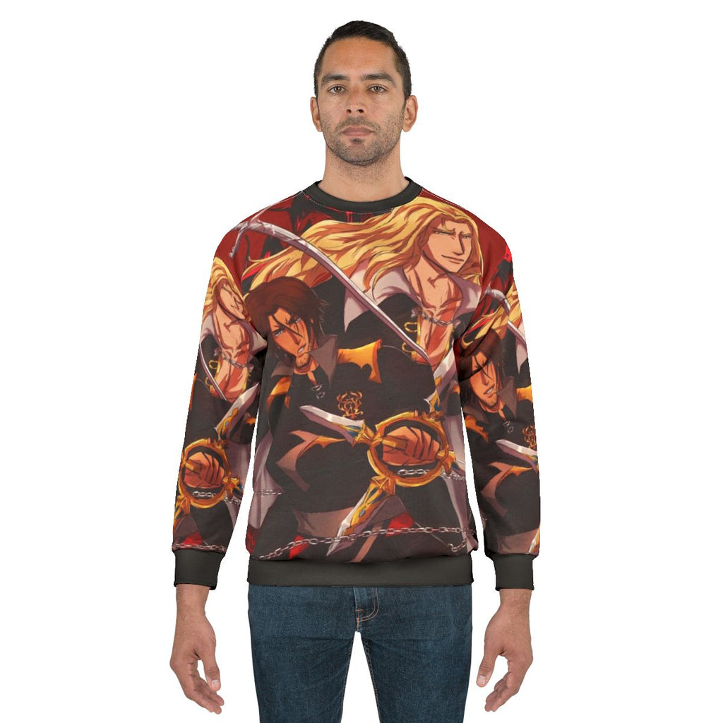 Trevor Belmont and Alucard from Castlevania in a dynamic duo design on a sweatshirt
