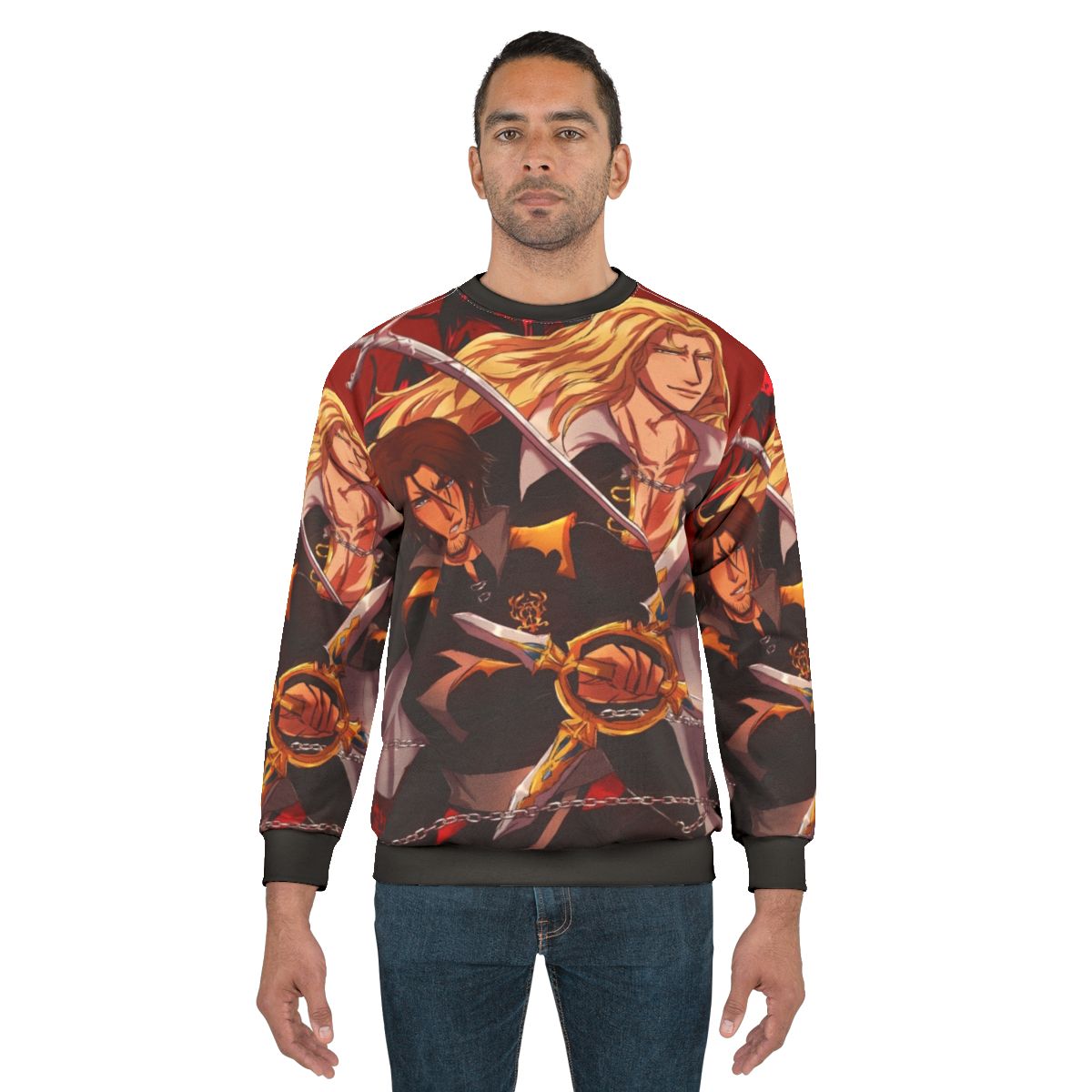 Trevor Belmont and Alucard from Castlevania in a dynamic duo design on a sweatshirt