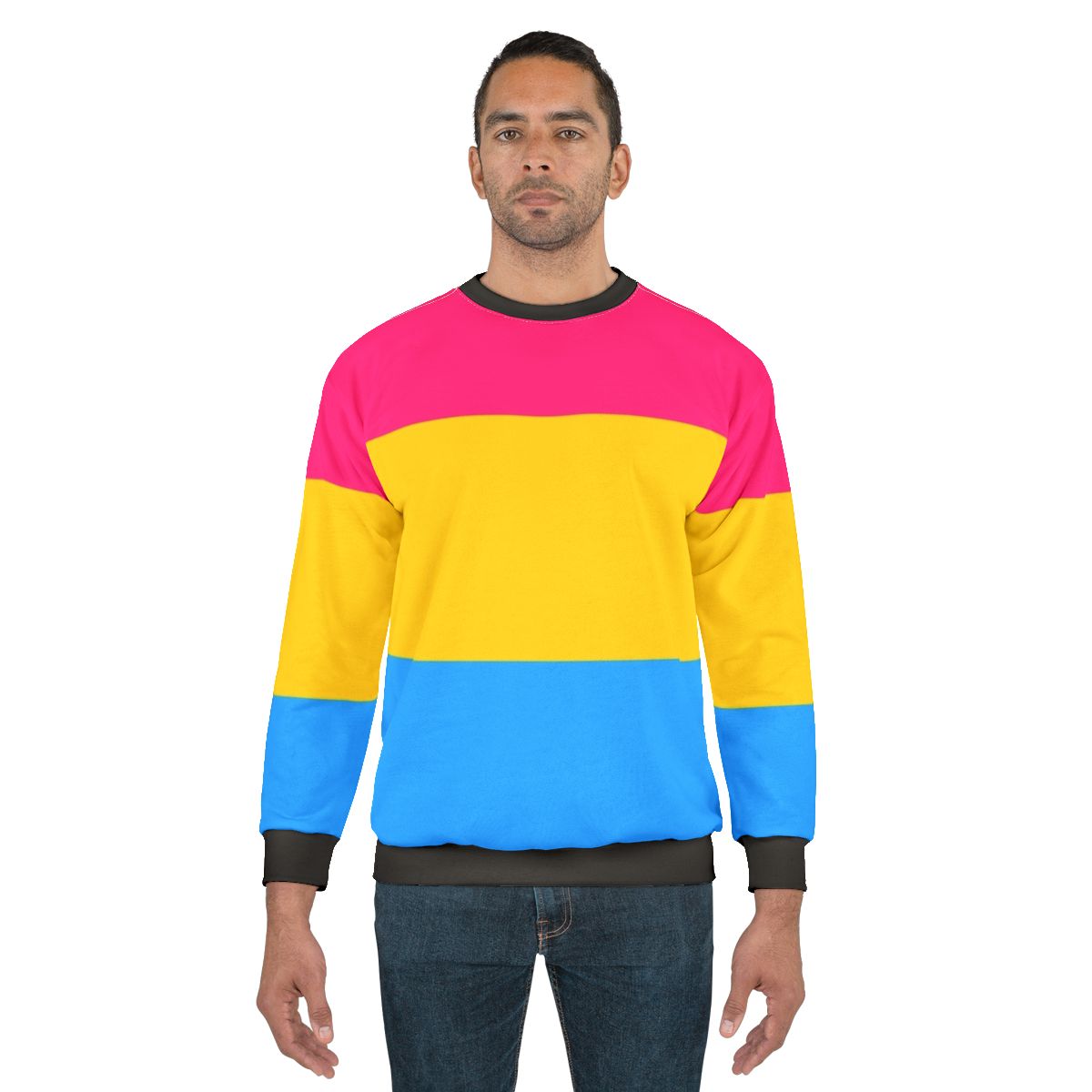 Tri-color pride sweatshirt in pink, yellow, and blue colors
