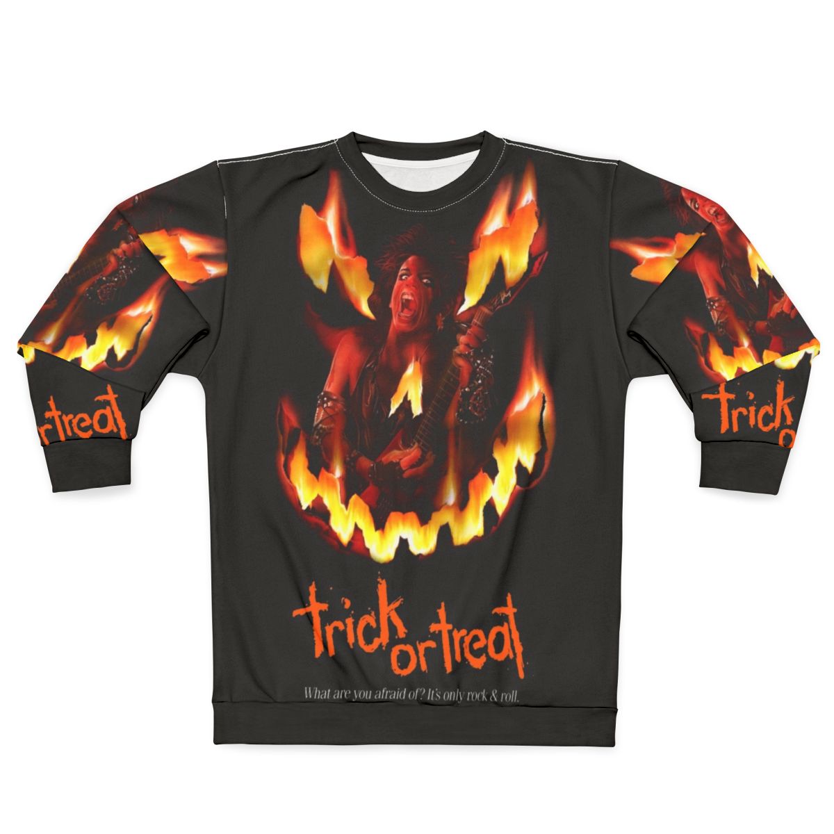 Trick or Treat Sweatshirt featuring horror movie inspired retro rock graphics
