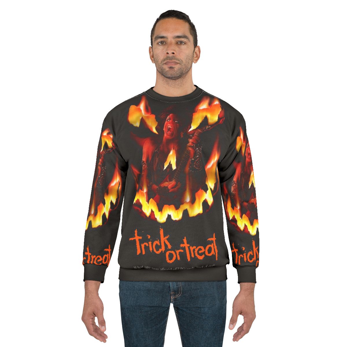 Trick or Treat Sweatshirt featuring horror movie inspired retro rock graphics