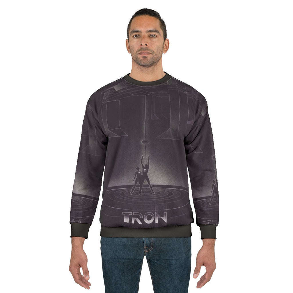 Tron movie inspired sweatshirt with futuristic grid pattern
