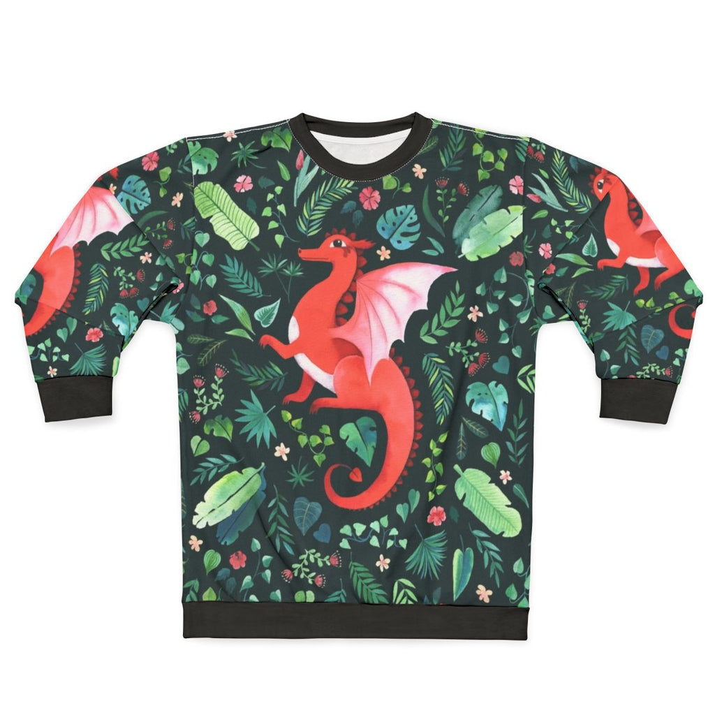 Tropical dragon sweatshirt with dark floral Hawaiian aloha print