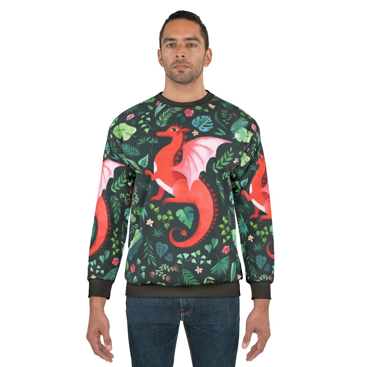 Tropical dragon sweatshirt with dark floral Hawaiian aloha print