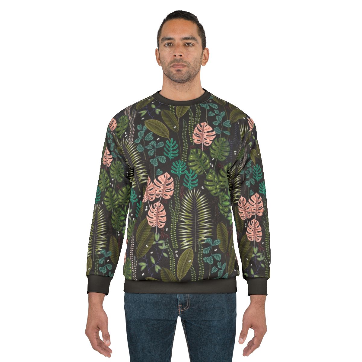 Tropical sweatshirt with monstera leaves and palm motifs