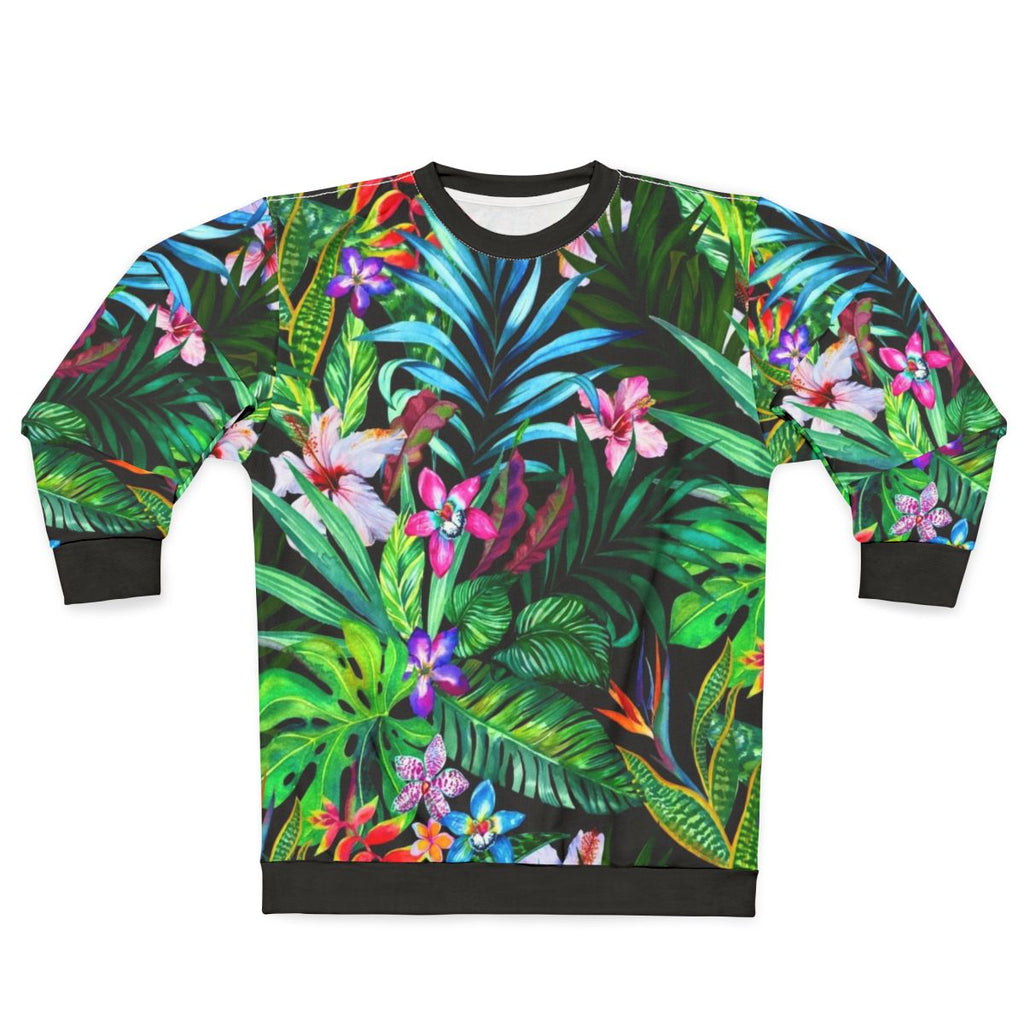 Tropical floral sweatshirt with seamless neon leaf pattern