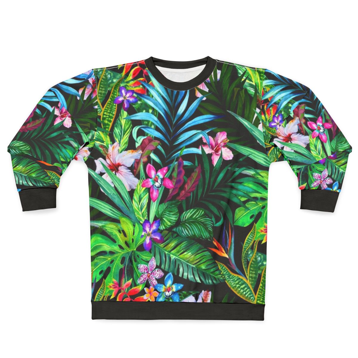 Tropical floral sweatshirt with seamless neon leaf pattern