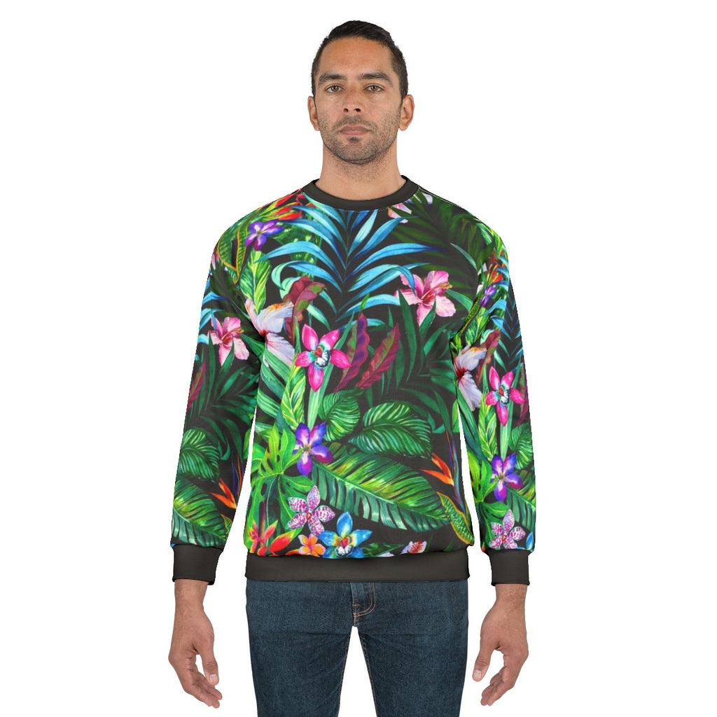 Tropical floral sweatshirt with seamless neon leaf pattern