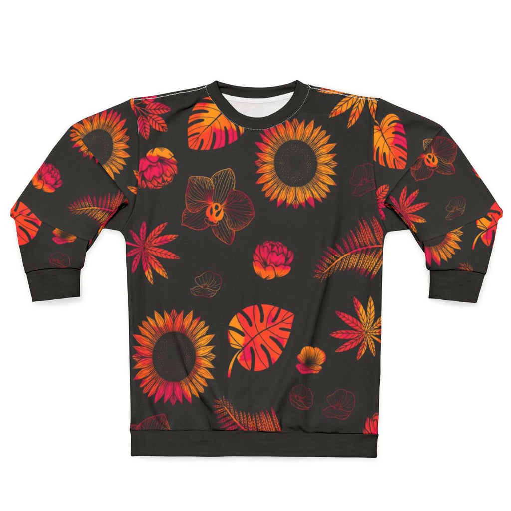Tropical floral and leaf pattern printed on a sweatshirt