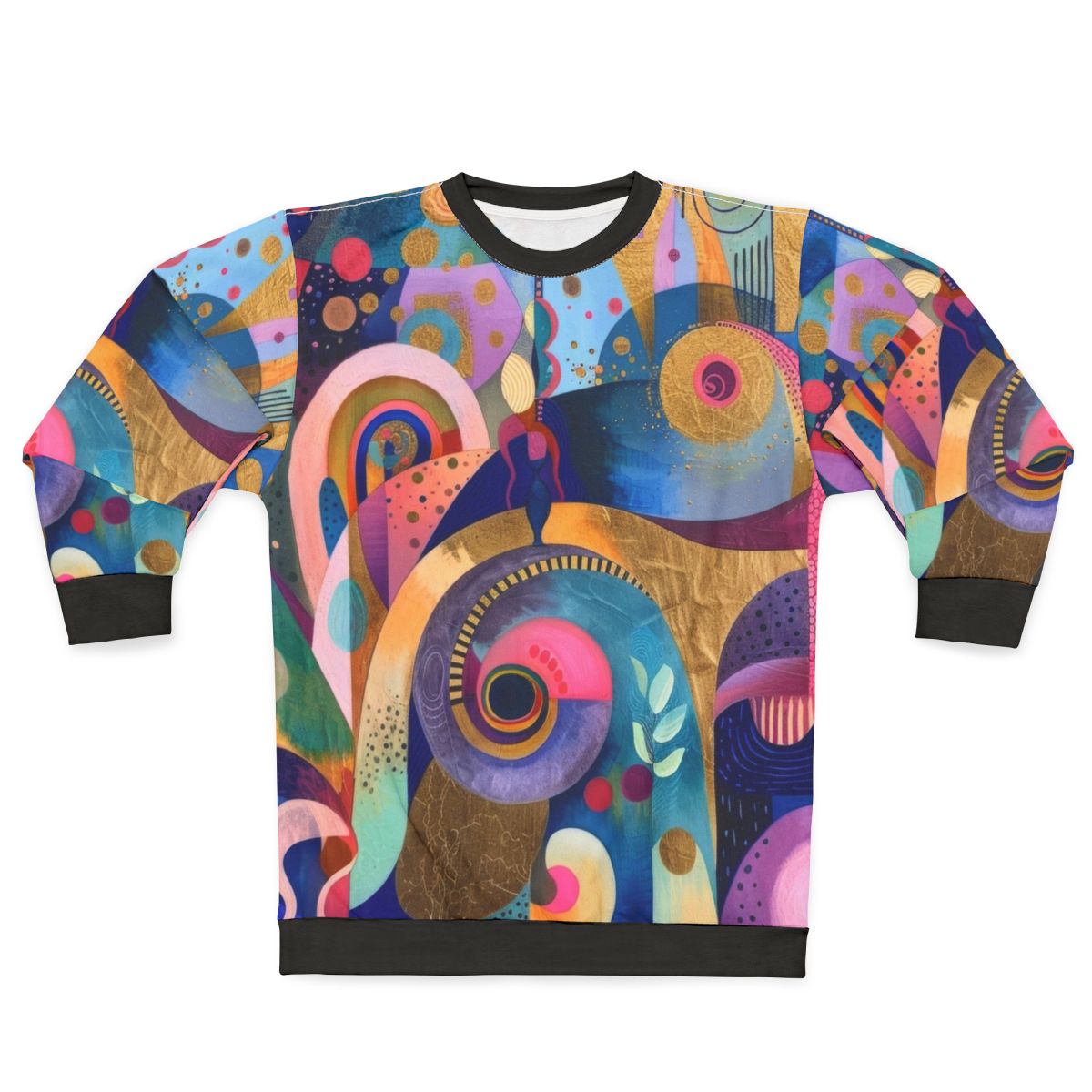 Tropical garden sweatshirt with abstract, vibrant colors and geometric patterns