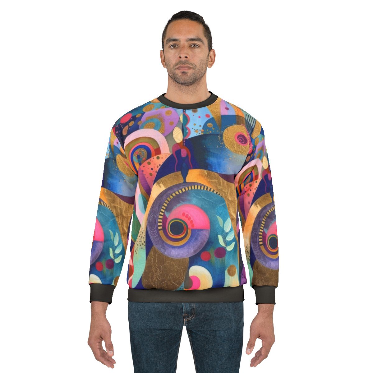 Tropical garden sweatshirt with abstract, vibrant colors and geometric patterns