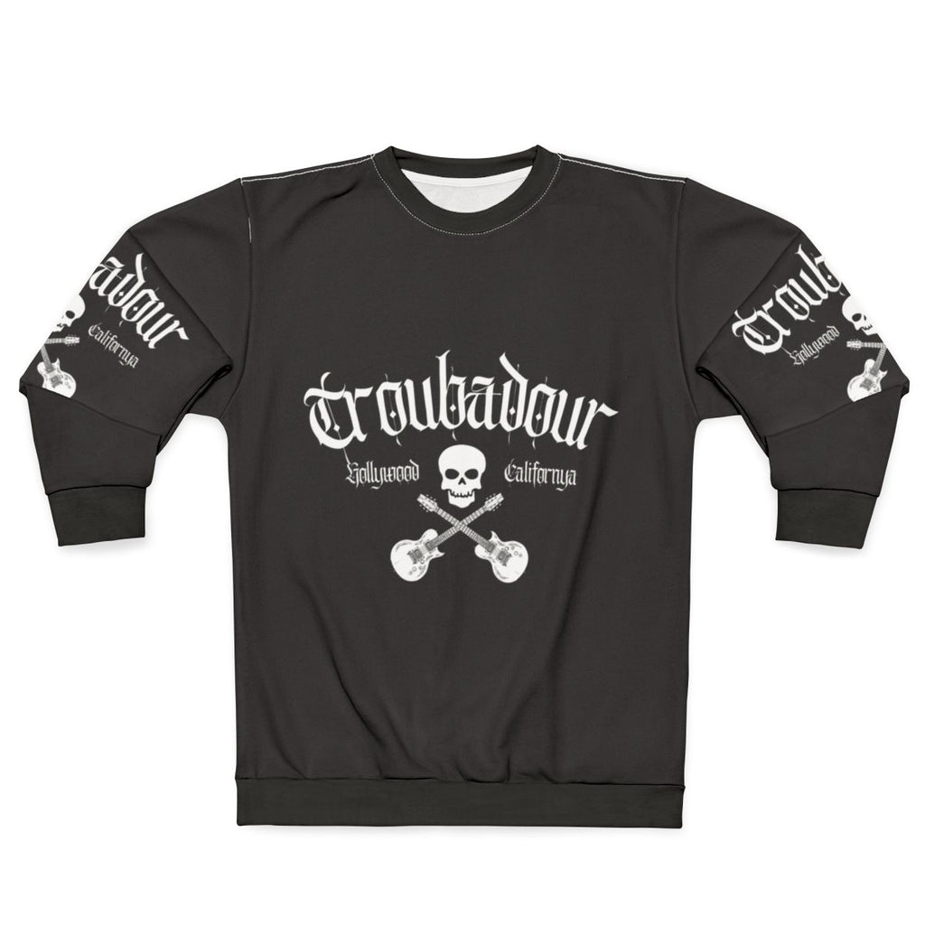Troubadour Sweatshirt featuring classic 80s rock band skull graphic