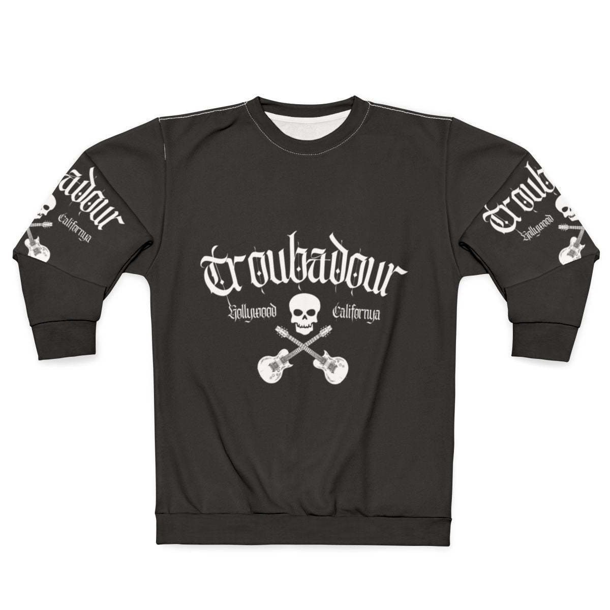 Troubadour Sweatshirt featuring classic 80s rock band skull graphic