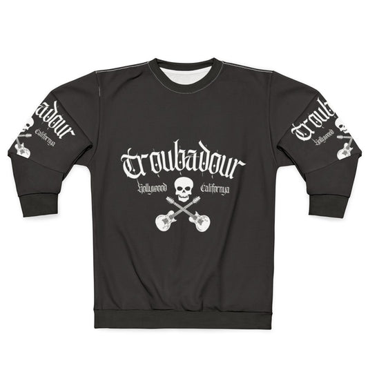 Troubadour Sweatshirt featuring classic 80s rock band skull graphic