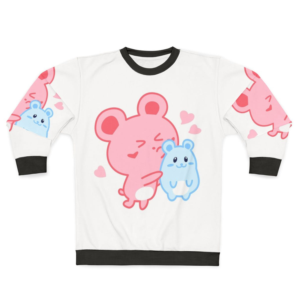 Two adorable hamsters printed on a pink and blue pastel sweatshirt