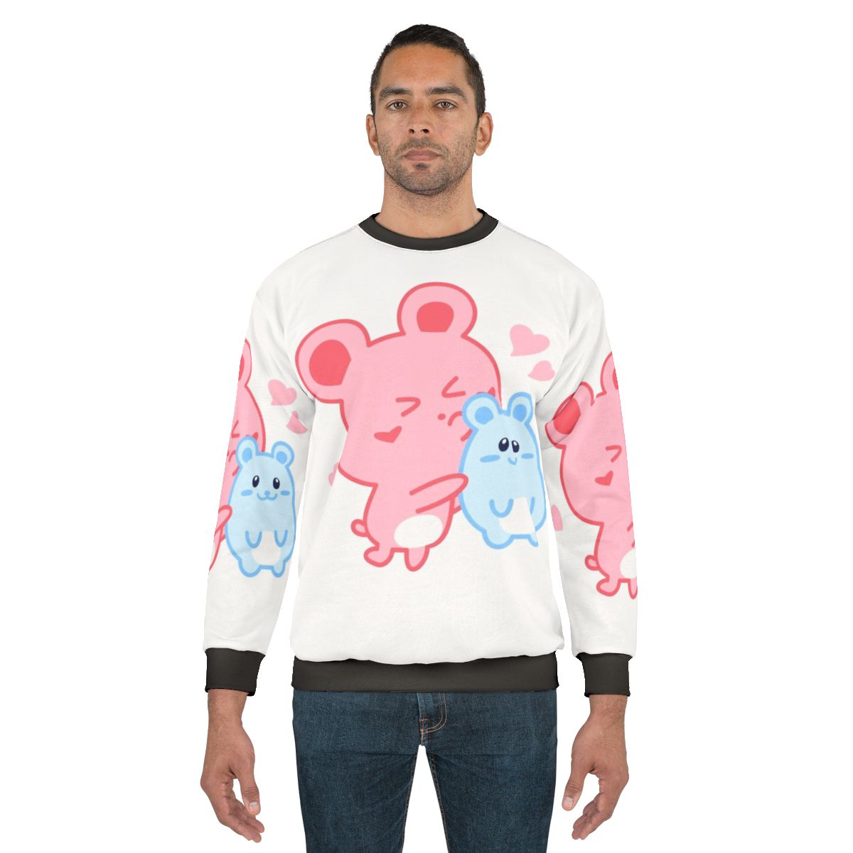 Two adorable hamsters printed on a pink and blue pastel sweatshirt