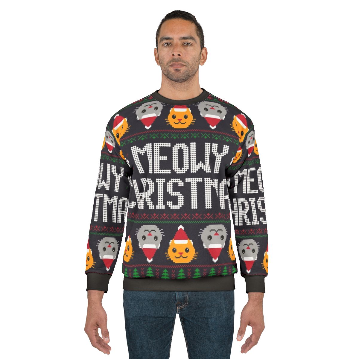 Ugly Christmas sweater cat wearing a festive cat sweatshirt