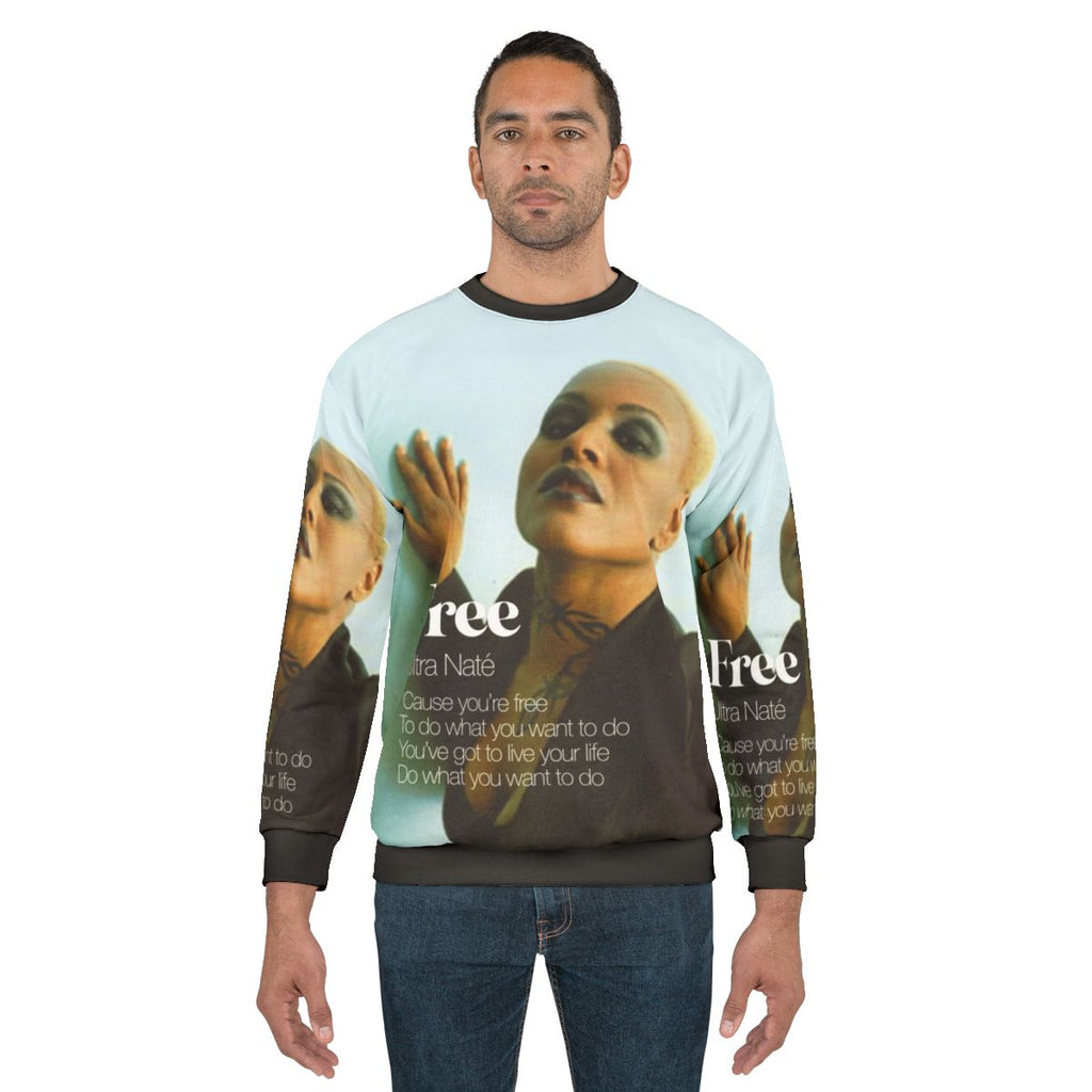 Colorful sweatshirt featuring Ultra Nate's classic house music album cover