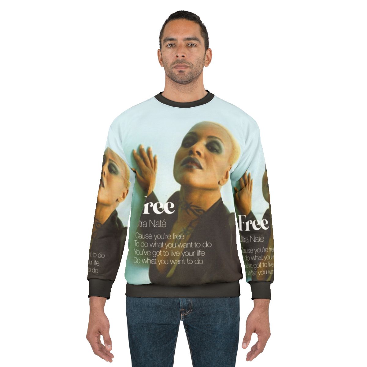 Colorful sweatshirt featuring Ultra Nate's classic house music album cover