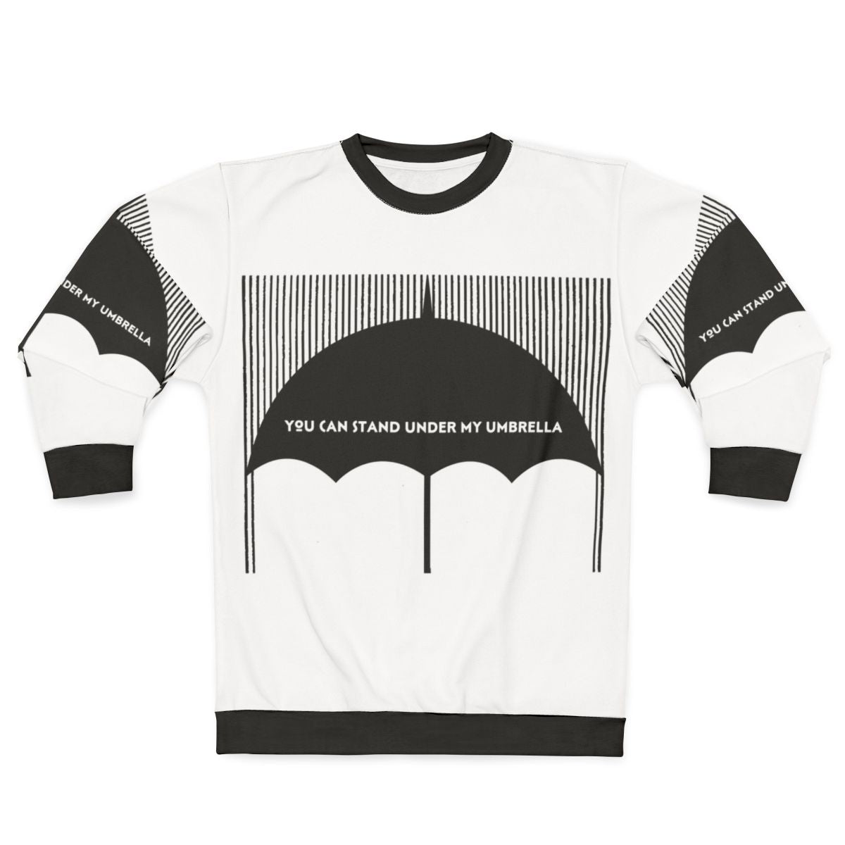 Black and white sweatshirt with an umbrella design for rainy weather aesthetic
