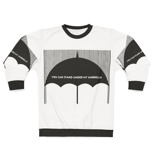 Black and white sweatshirt with an umbrella design for rainy weather aesthetic