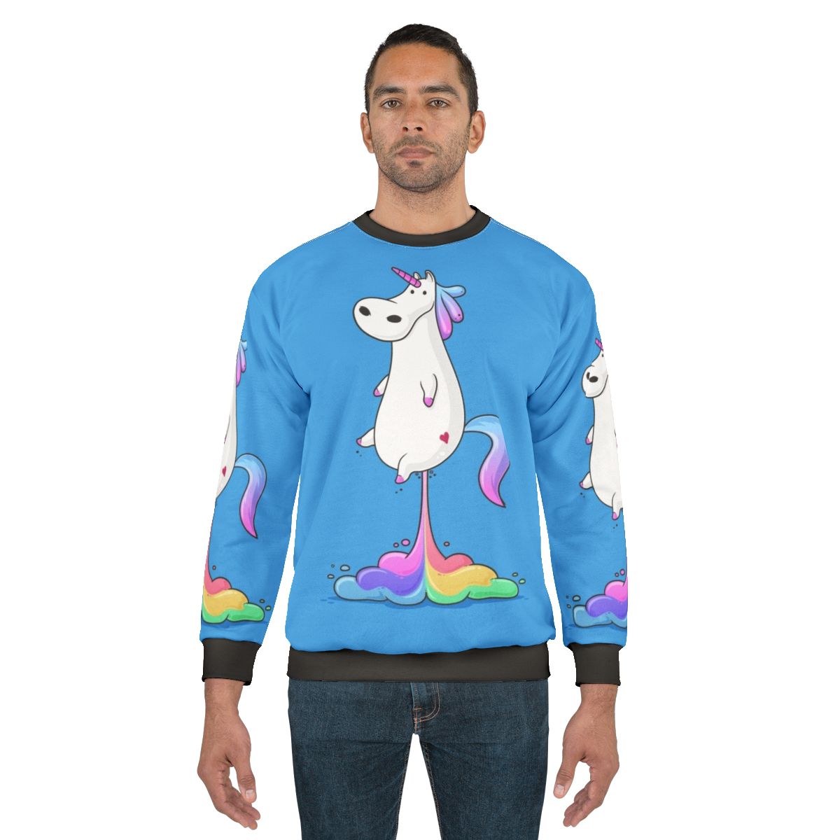 Colorful unicorn farting a rainbow graphic on a sweatshirt