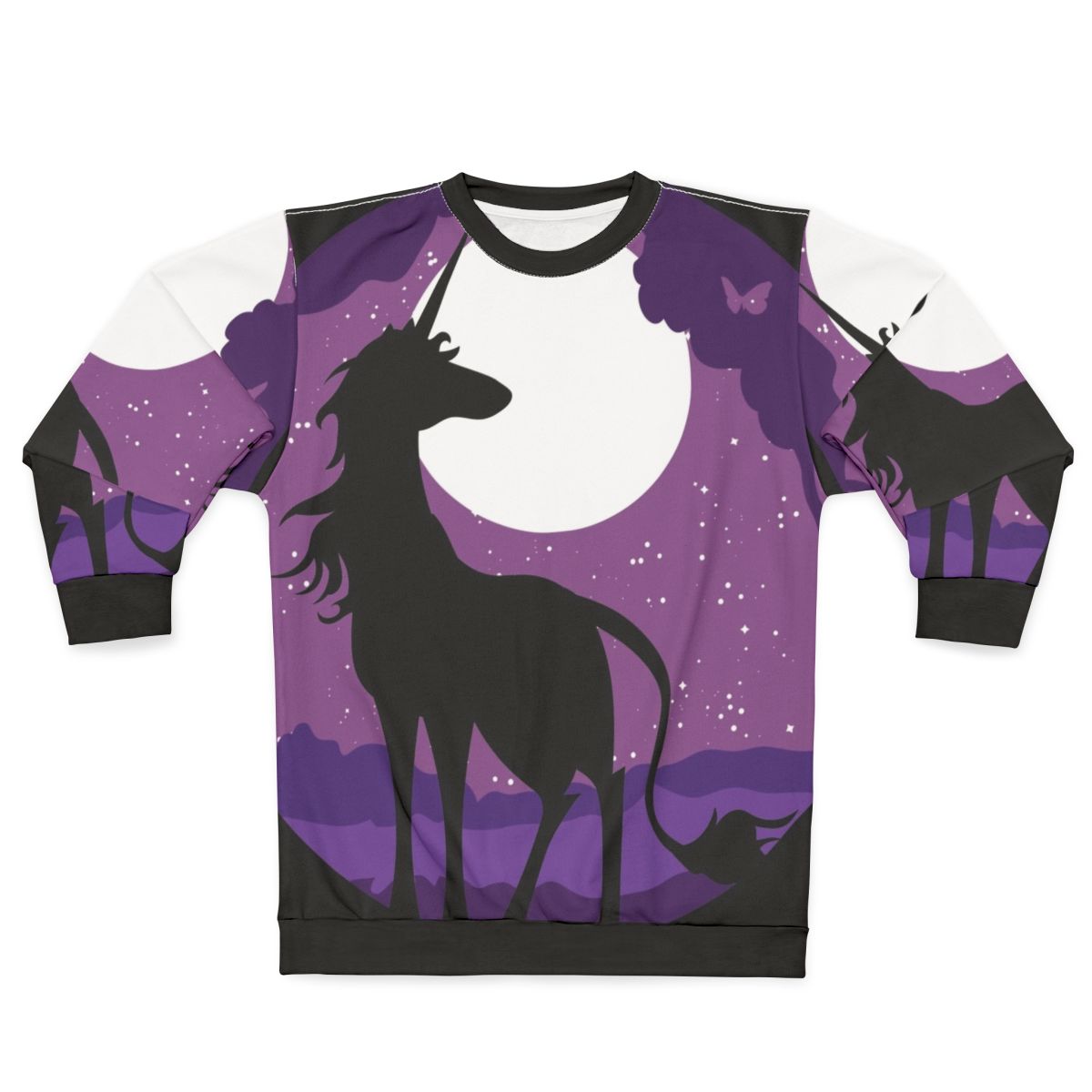 Magical unicorn silhouette against a moonlit forest scene