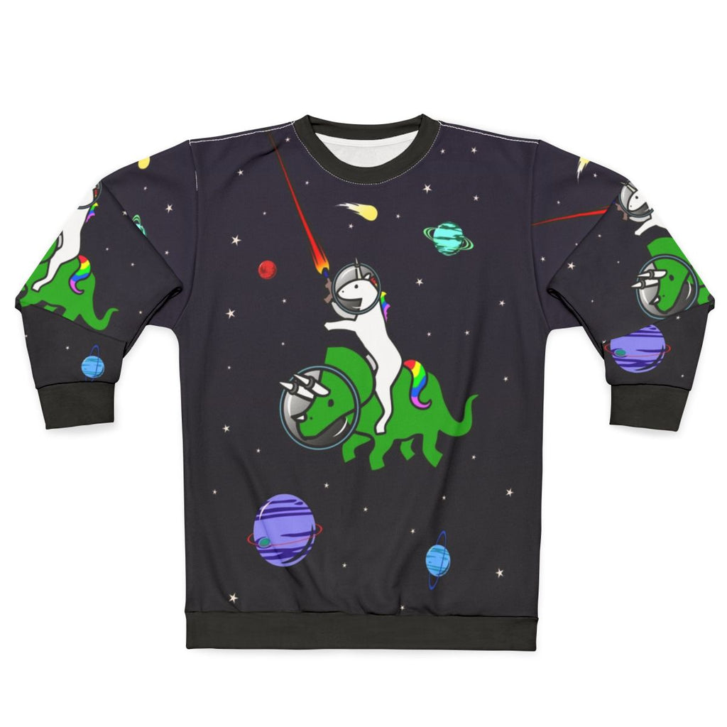 Unicorn riding a triceratops in a space themed design on a sweatshirt