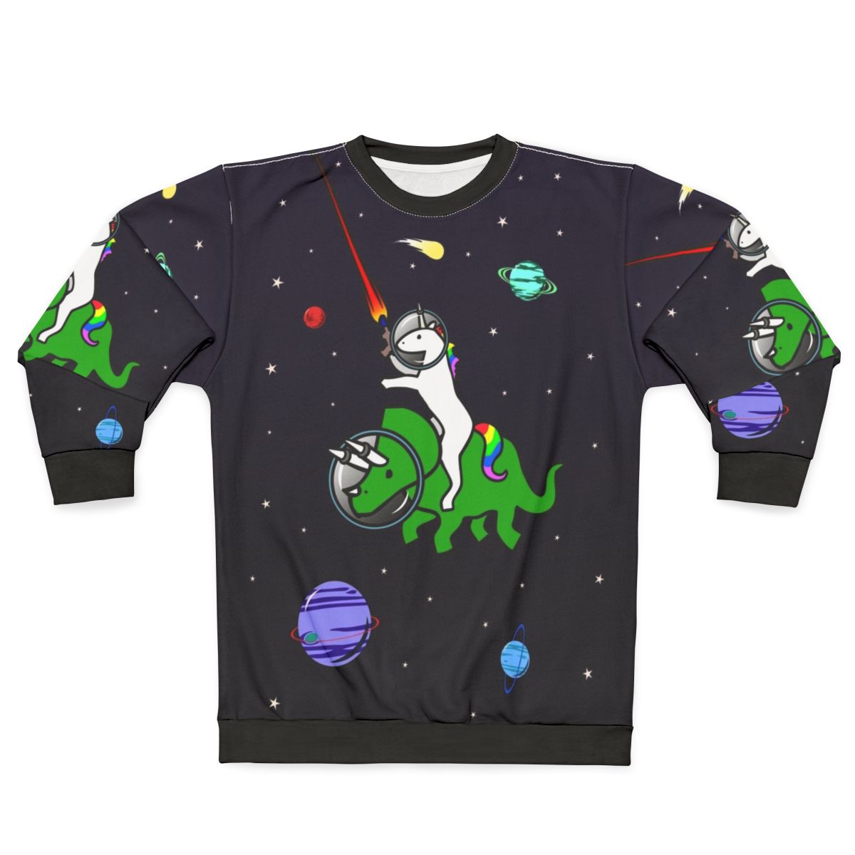 Unicorn riding a triceratops in a space themed design on a sweatshirt