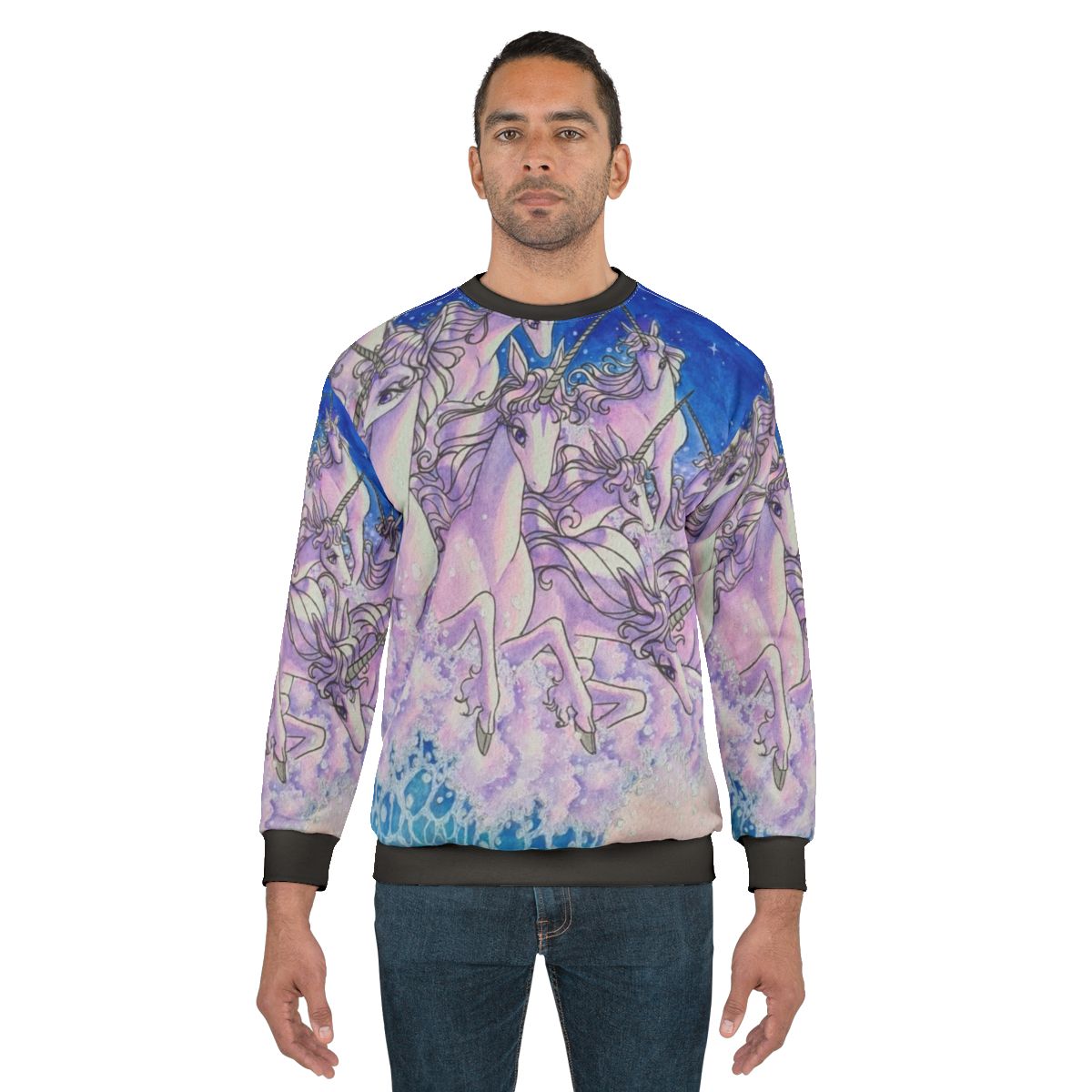 Unicorn sweatshirt with watercolor unicorns in the sea