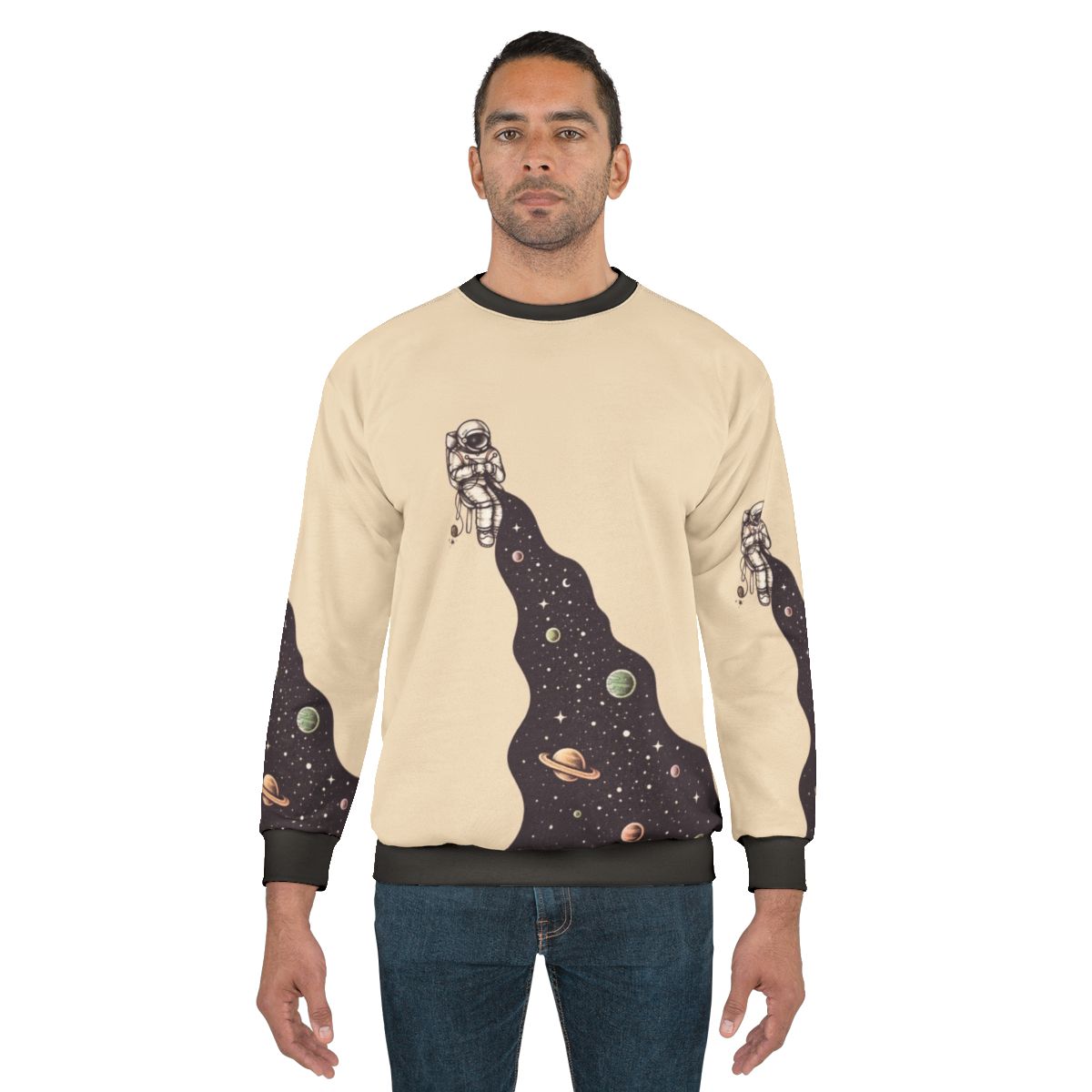 Cosmic universe knit sweatshirt with stars, planets and galaxy design