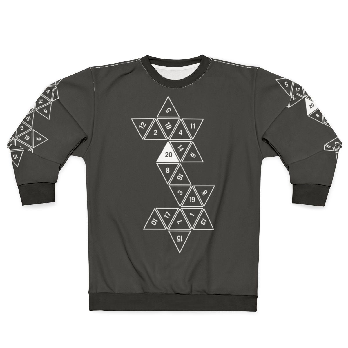 Unrolled D20 design on a cozy sweatshirt for Dungeons & Dragons fans