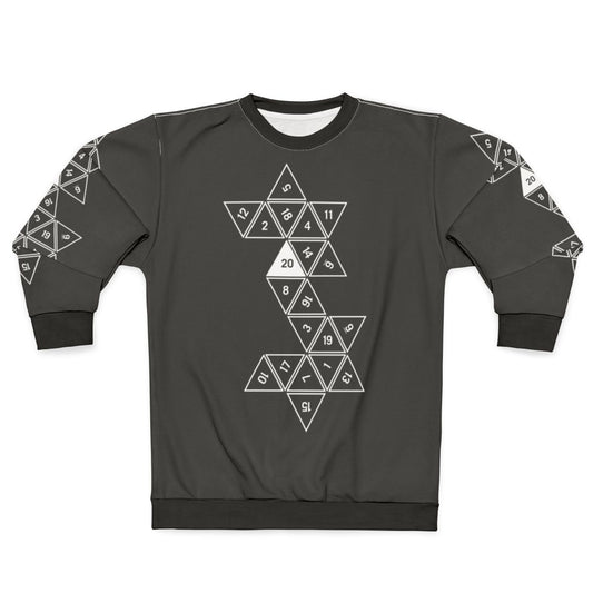 Unrolled D20 design on a cozy sweatshirt for Dungeons & Dragons fans