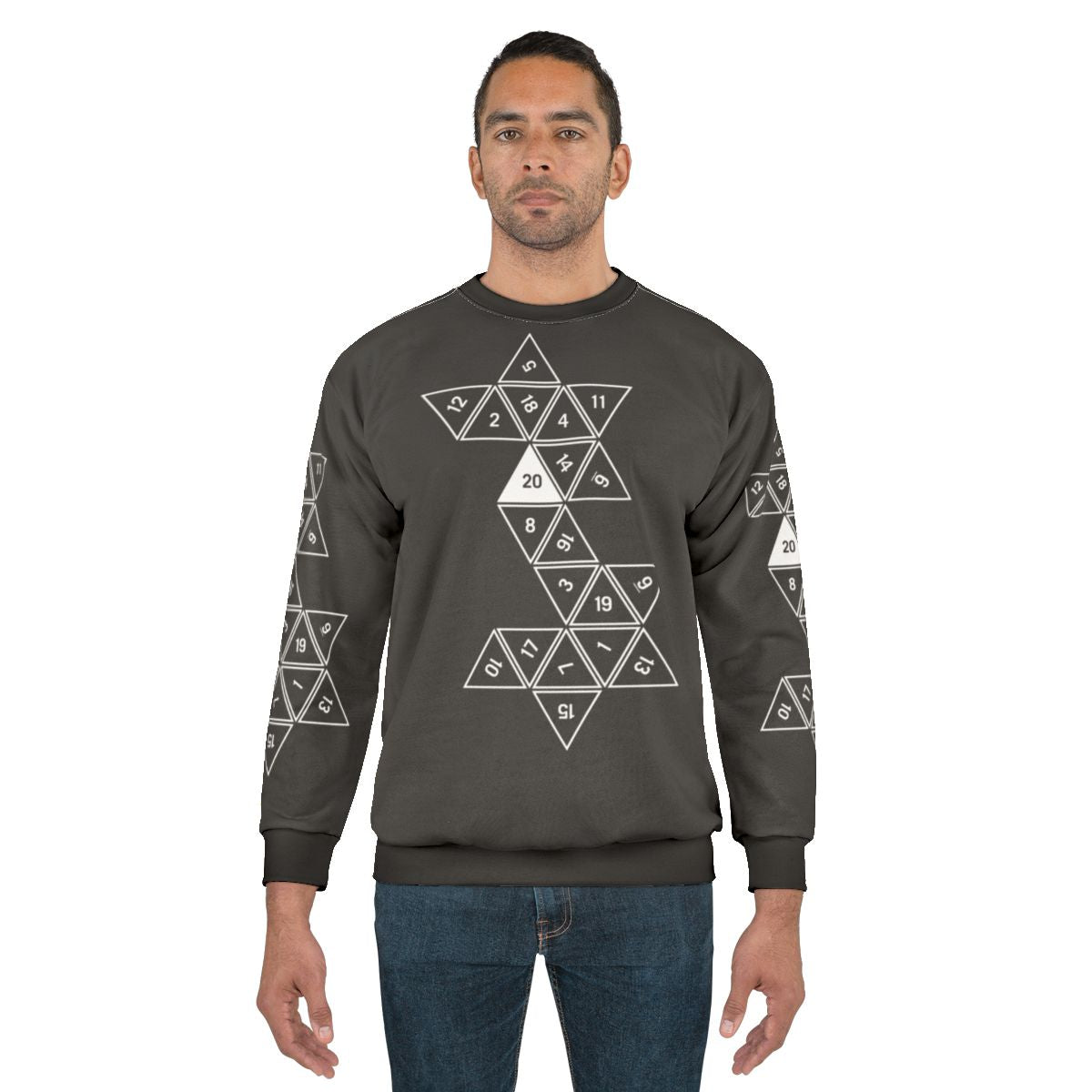 Unrolled D20 design on a cozy sweatshirt for Dungeons & Dragons fans