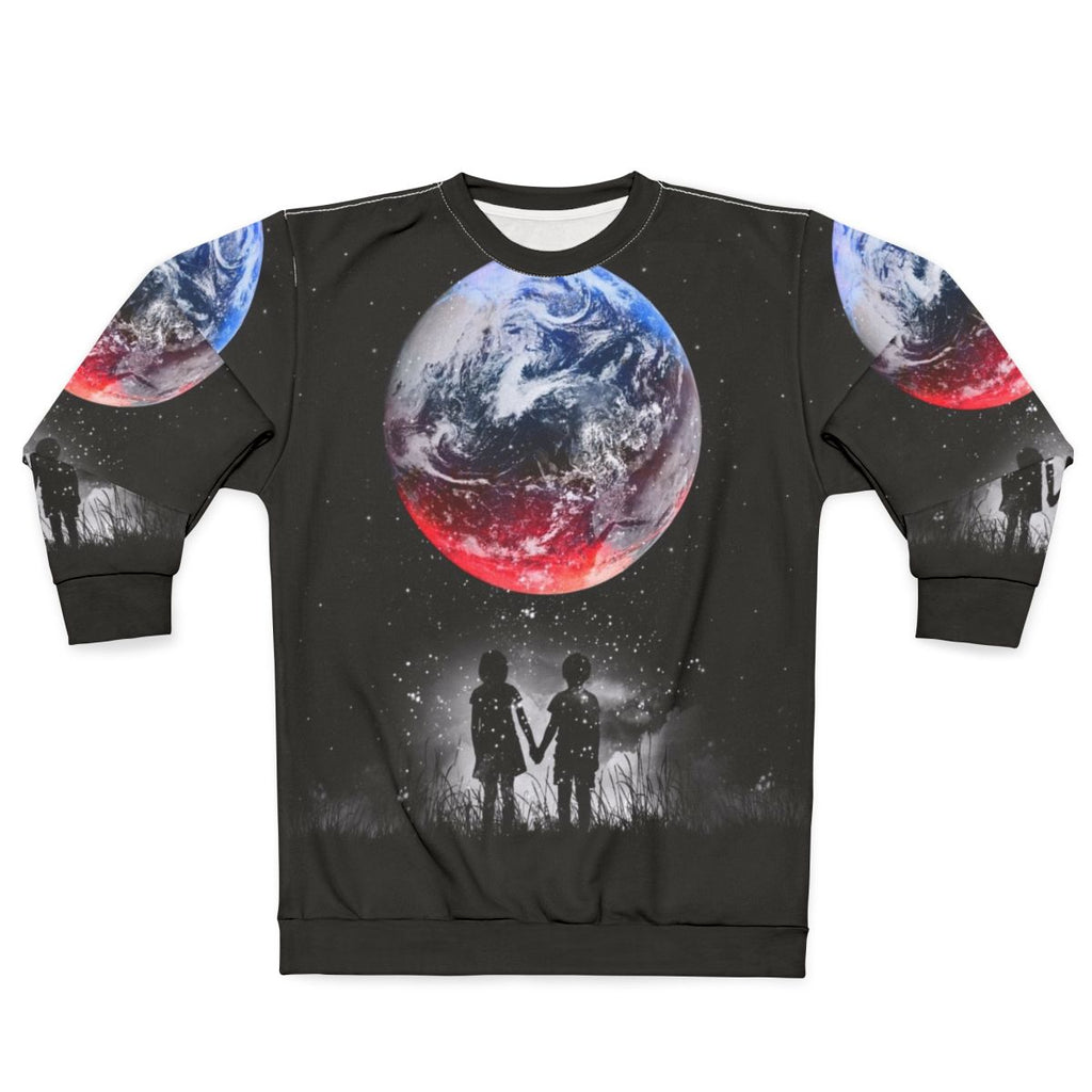 Cosmic space sweatshirt featuring galaxy and planets