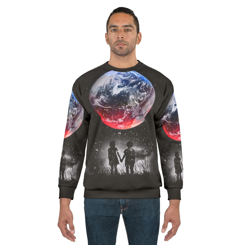 Cosmic space sweatshirt featuring galaxy and planets