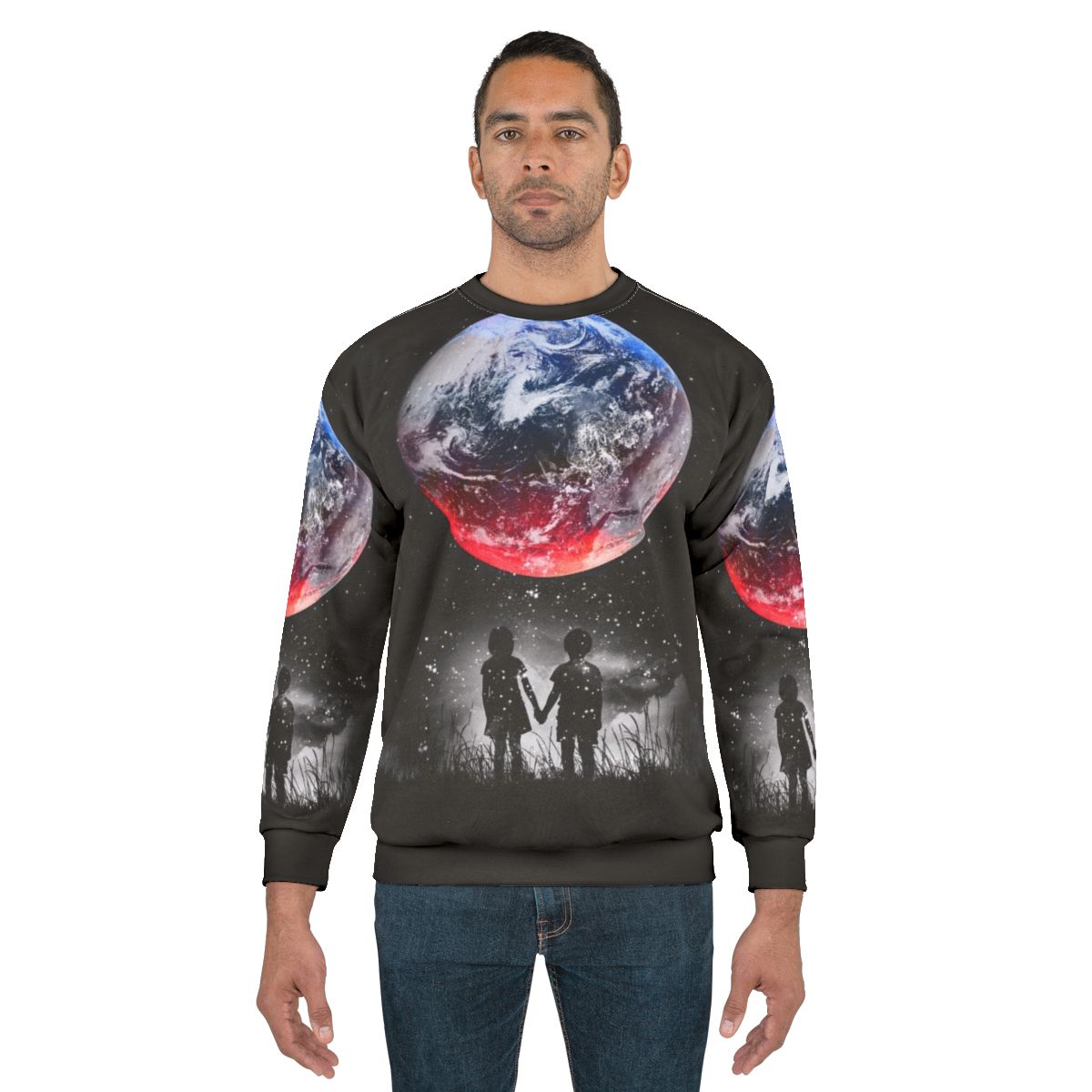 Cosmic space sweatshirt featuring galaxy and planets