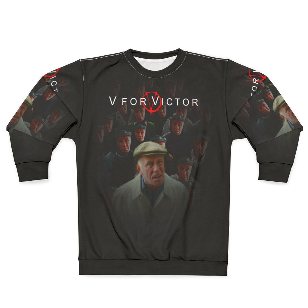 "V For Victor" graphic design on a cozy sweatshirt