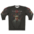"V For Victor" graphic design on a cozy sweatshirt