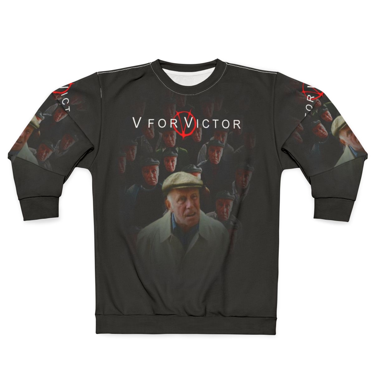 "V For Victor" graphic design on a cozy sweatshirt