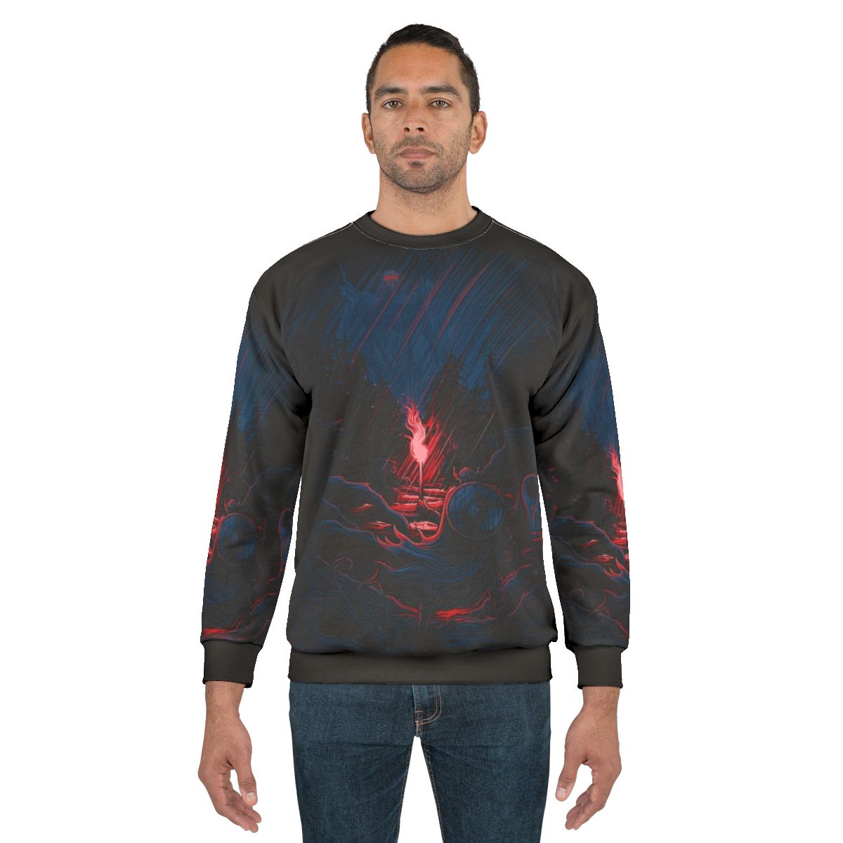 Valheim Sweatshirt featuring linework design of viking warrior, axe, shield, and fantasy elements