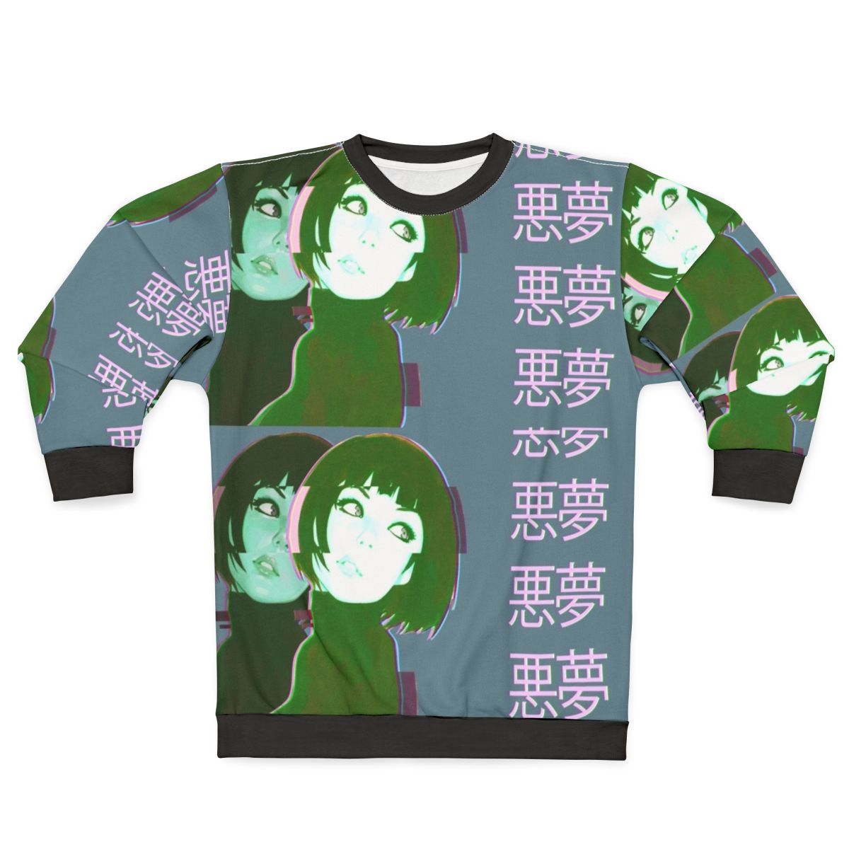 Vaporwave anime girl wearing colorful sweatshirt