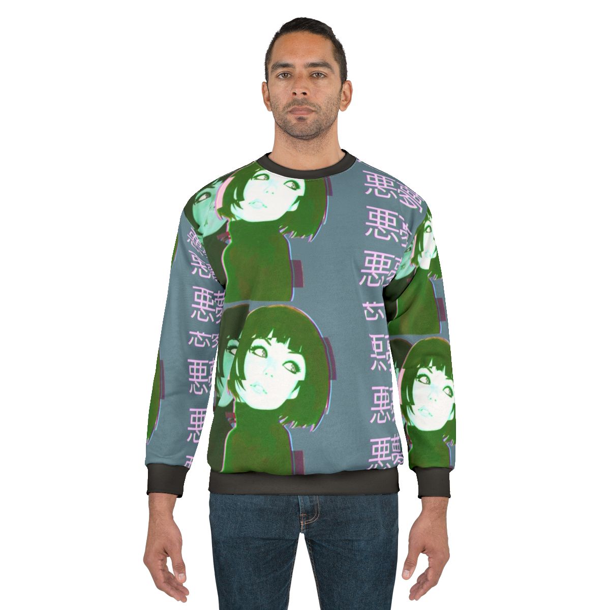 Vaporwave anime girl wearing colorful sweatshirt