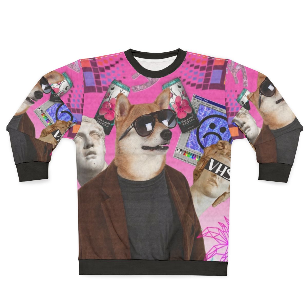Vaporwave dog sweatshirt with trippy, psychedelic design