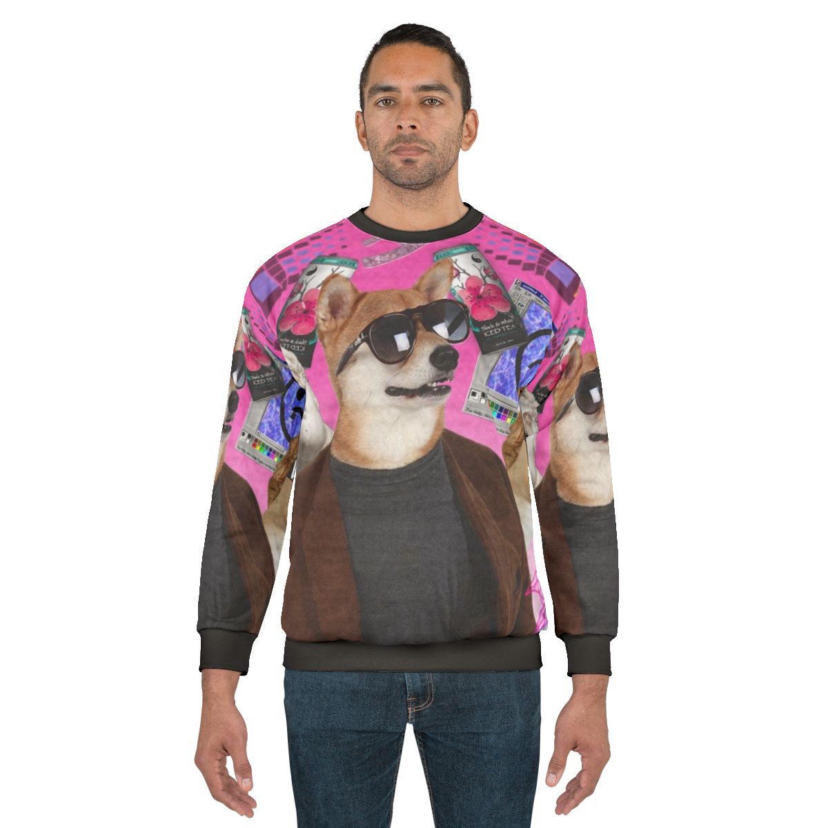 Vaporwave dog sweatshirt with trippy, psychedelic design