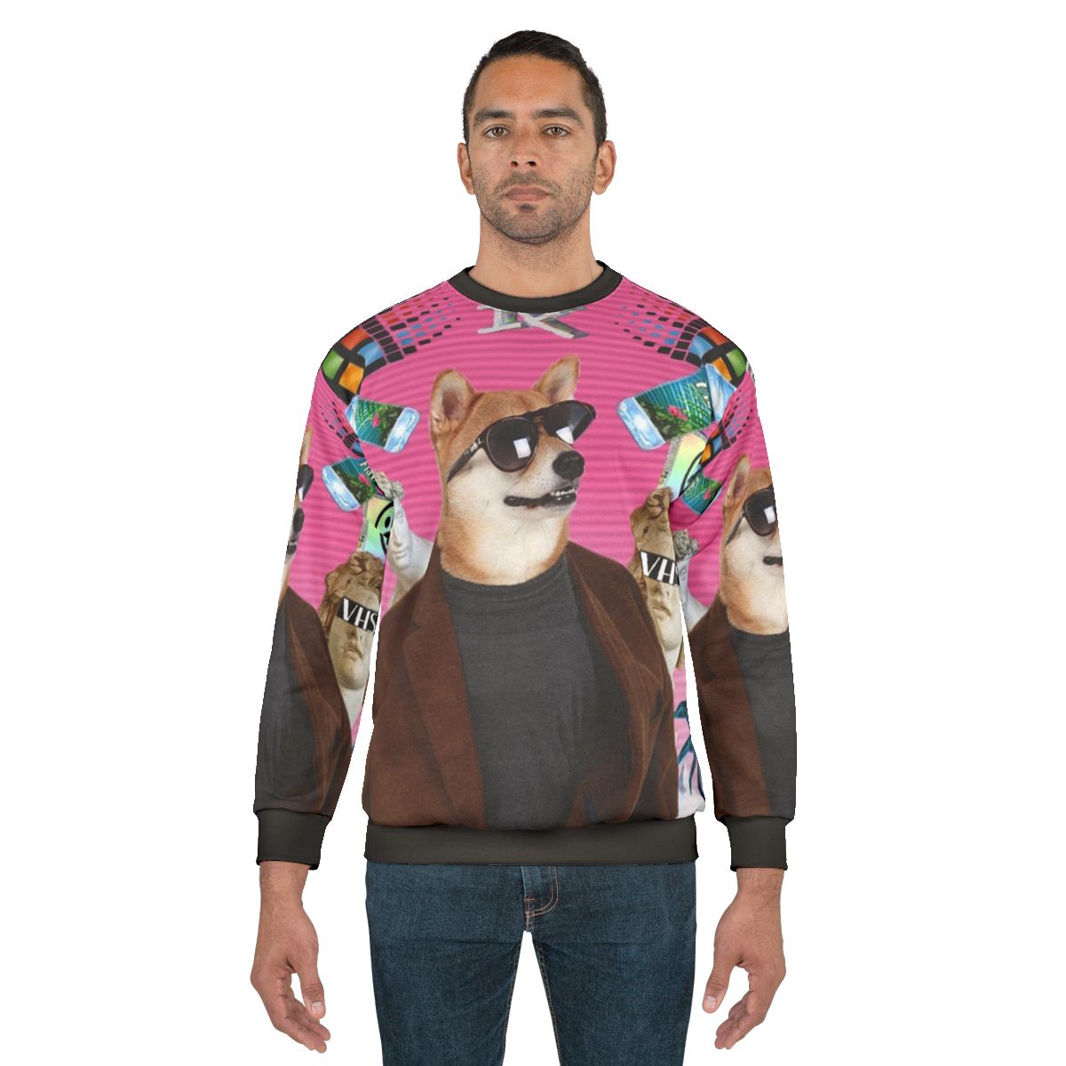 Vaporwave dog wearing retro sweatshirt
