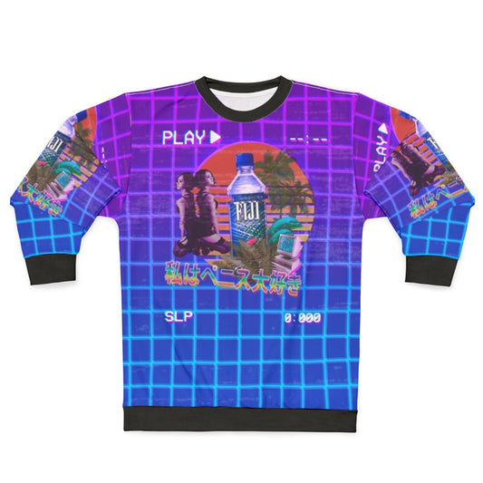 Vaporwave Fiji Bottle Sweatshirt featuring a 90s inspired, 3D cyberpunk aesthetic